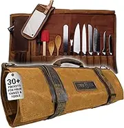 Chef Sac Chef Knife Roll Bag | 16oz ULTRA Wax Canvas & Top Grain Leather | 22 Slots & 4 Zipper Pouch | Double Stitch | Water-Resistant | Cleaver Pouch | Knife Organizer for Chefs