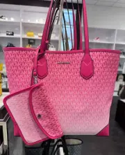 Michael Kors Eva Large Shoulder Tote 2in1 Bag Charm Pouch Wallet MK Dragonfruit