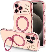 [TNQBP] Case for iPhone 14 Pro Max with Magnetic Stand, Luxury Plating Curly Wavy Frame and Cute Heart Pattern, Lens Edge Raised Protection, Slim Shockproof Soft Case for iPhone 14 Pro Max-Pink