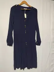 Boden Dress Women's 8R Navy Blue Long Sleeve Button Up Gold Buttons Midi New