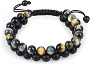 [HASKARE] Tiger Eye Stone Bracelet Men Women - Natural Energy Stone Essential Oil Lava Rock Black Onyx Tiger Eye Beads Bracelet Adjustable Couples