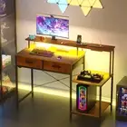 120cm Gaming Desk LED Lights Reversible Printer Shelf Computer Table Walnut