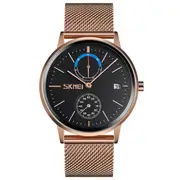 Business Style Circular Mirror Mesh Steel Strap Week Date Display Men Quartz Watch
