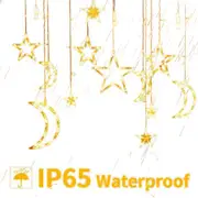3.5m Solar Lights Outdoor Moons Stars PVC String Lights Solar Curtain Lights USB Rechargeable Remote Fairy Lights for Patio Gazebo Porch Warm Color