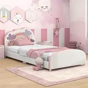 HONEY JOY Single Bed Frames for Kids, Wood Upholstered Twin Bed Platform with Slat Support, Padded Headboard & Footboard, Girls & Boys Bed for Over 3 Years Old, Fits Standard Twin Mattress (Cloud)