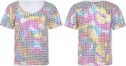 [iEFiEL] Kids Boys Girls Stage Performance Shiny Sequins Dance Tops Sparkly Dancewear Solid Color Dancing Shirt