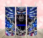 Thin Blue Line/Skull/American Flag 20oz Skinny Tumbler *Free Shipping*