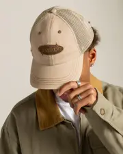 [EPOKHE] EPOKHE Men's Folklore Trucker Cap in Heavy Wash Light Khaki Cream One Size Heavy Wash Light Khaki Cream