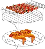 2pcs Air Fryer Rack Stainless Steel 7.8inch Holder XL Air Fryer Accessories, Multi-purpose Double Layer Rack with 5 Barbecue Sticks for Most 5.3-5.8 QT Air Fryers Ovens (1 Set)