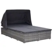 2-Person Sunbed With Canopy Cushion PE Rattan Outdoor Pool Deck Sun Lounger Grey