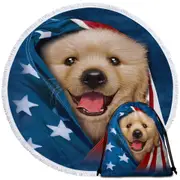 USA Flag Cute Golden Labrador Puppy Round Beach Towel