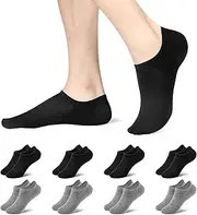 [fitfets] Trainer Socks for Men and Women, 8 Pairs with Non-Slip Silicone, Invisible No Show Trainer Socks, Short, Black, White, Grey, 35-50, 4 x Black/4 x Grey, 39-42