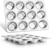 Muffin Pan 12-Cup, Set of 2, Stainless Steel Cupcake Pan Metal Muffin Baking