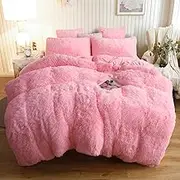 XeGe Plush Shaggy Duvet Cover Set, Luxury Ultra Soft Crystal Velvet Fluffy Bedding Sets 3 Pieces(1 Furry Faux Fur Comforter Cover + 2 Fuzzy Faux Fur Pillowcases) Zipper Closure(Queen, Light Pink)
