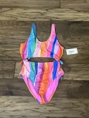 Hobie Girls Waves Cut Out One Piece Swimsuit Side Ties Rainbow Striped Size 16