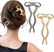 2PCS Vintage French Hair Forks for Women U Shaped Updo Metal Hair Pins for Long Thick Hair,Large Gold Bow 2 Long Prong Bun Twist Hair Sticks,Medium Hair Accessories for Women (gold,gun black)