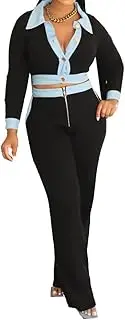 [Molilove] Womens Knit Two Piece Outfits Long Sleeve Button Retro Polo Shirts Side Zip Wide Leg Pants Matching Lounge Sets