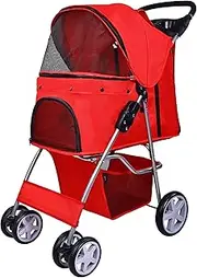 Elevon Pet Stroller, 4 Wheels Multifunction Dog Cat Stroller, Folding Portable Travel Stroller with Detachable Carrier, Suitable for Medium Small Dogs Cats, Red