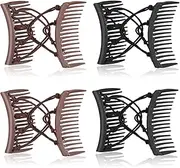 4 Pieces Adjustable Elastic No Crease Double Comb Hair Pins for Women's Curly Thick Wavy Hair Ponytail (Black, Coffee, One size)