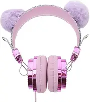 HOMSFOU Cartoon Cat Ear Headphones Glitter Rhinestone Boys and Girls Headset Furry Ball Over Ear Headphones for Children Boys and Girls Over Ear Headphone