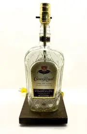 NEW CROWN ROYAL Large 1.75L Liquor Bar Bottle TABLE LAMP Lounge Light Wood Base