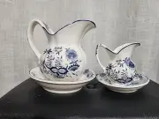 Vintage Enesco Blue Onion Delft Flower Pattern 5" & 7" Pitcher Basin Plate SET