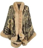 [BAILEYU] Women Knitted Cape Coat Peacock Flower Warm Cardigan Poncho Faux Fur Shawl Cloak Oversize Wrap Stole for Autumn Winter,Khaki,One Size