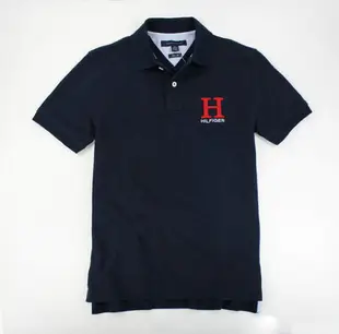 美國百分百【全新真品】Tommy Hilfiger TH 紅色顯眼 logo 字母 男 短袖 polo衫 網眼 簡約風 深藍 S