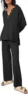 [Uusollecy] Women's two-piece knitted suit set, 2-piece knitted jumper with button and wide leg, loungewear set, jogging suit