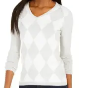 Tommy Hilfiger Women's Argyle Sweater M Gray White Geometric V-Neck Cotton New