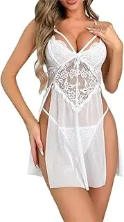 [Generic] Women's Sexy Lingerie Deep V Lace Embroidered Mesh See-Through Temptation High Slit Nightdress Set