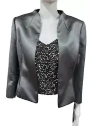 New $550 Org . TAHARI Silver Sequin Top Camisole Jacket Blazer 2 Pc Cinema PS