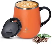 IDEUS Coffee Mug 470ml (16oz), Double Wall Vacuum Insulated Stainless Steel Coffee & Tea Cup w/Non-Slip Handle & Slider Module Lid & Large Volume (Orange)