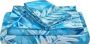 JSD Teal Blue Leaves Print Sheet Set King, 4 Piece Soft Botanical Pattern Microfiber Sheets Extra Deep Pocket