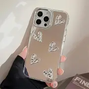 ZTOFERA for iPhone 13/14 Case, Cute Mirror Case with 3D Love Heart for Girls Women Makeup, Flexible Shockproof Anti-Scratch Protective Cover for iPhone 13/iPhone 14 Case - Sliver 5 Hearts