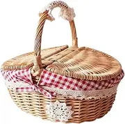 qwmvhfg, Picnic Basket Portable Outdoor Picnic Basket, Rustic Style Wicker Basket, Portable Shopping Gift Basket with Lid for Picnics, Camping Hamper Storage for Camping and Outdoor Party