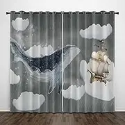 Exquisite Bedroom Blackout Curtains, Grey Animals Sailboat Whale 79x84 Inch Heat Insulation Blackout Children's Curtains,3D lackout Curtains, Suitable for Living Room Bedroom Childre
