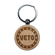Veto Circle with Stars Engraved Wood Round Keychain Tag Charm