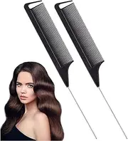 Alileader 2 Pieces Black Carbon Rat Tail Combs Pin Tail Comb 100% Anti Static 230℃ Heat Resistant Metal Parting Combs for Hair Styling Barber Salon Hairdressing Tools