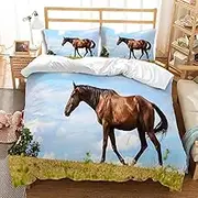 Horse Duvet Cover Set 3Pcs,3D Printed Beautiful Blue Sky Stallion Bedding Set with Zipper Green Grass Stallion Comforter Cover with 2 Pillow Shams,Queen Size