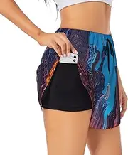 [WURTON] Chicago Night Print Exercise Gym Workout Shorts Women's Athletic Shorts Dual-Layered Yoga Running Shorts