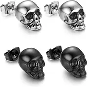[WISTOM] 2 Pairs Silver Black Skull Stud Earrings Stainless Steel Skull Ear Piercing Earrings