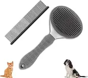 Cat Brush Dog Brush, Pet Grooming brush with Comb, Slicker Brush with Self Cleaning Button, Shedding tool with smooth handle(grey)
