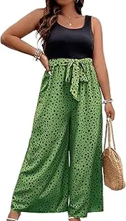 [Bdwinz] Womens Plus Size Summer Printed Jumpsuit One Piece Sleeveless Tank Top Wide Leg Long Jumpsuits with Belt, 14 Forestgreen Dot, X-Large