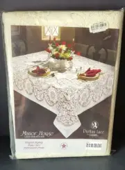 Vtg NEW 70x90 Oblong Anq White Puritan Lace Bardwil Linen Manor House Tablecloth