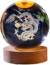 3D Dragon Figurine Crystal Ball with Wooden Base, Chinese Feng Shui Decor Living for Home Animals Ball Glass Statue
