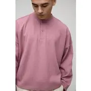 Mens Dusty Pink Oversized Boxy Waffle Cropped Long Sleeve Button Neck Top