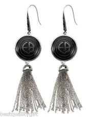 EMPORIO ARMANI S/STEEL+BLACK CERAMIC DISK+CRYSTAL TASSEL DROP EARRINGS-EGS1462