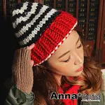 ANNASOFIA 層條紋翻邊 2WAYS球球毛線毛帽(紅邊系)