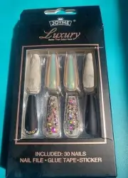 Beautiful New Luxury Nails, Black, Pearlescent, Marble, W/rhinestones
